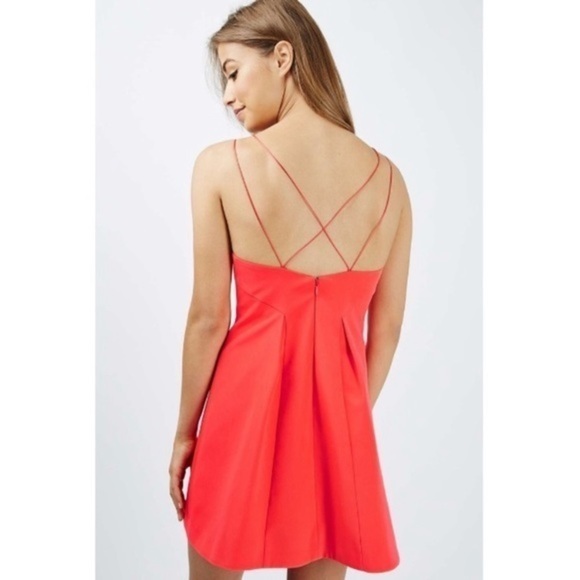 Topshop Strappy Bonded Mini Cocktail Dress Coral - Picture 2 of 8